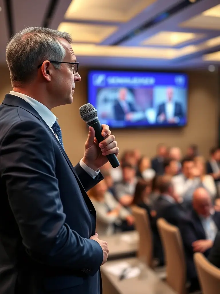 A Sennheiser EW 112P G4 wireless microphone system being used by a presenter during a corporate conference, highlighting the freedom of movement and clear audio capture.