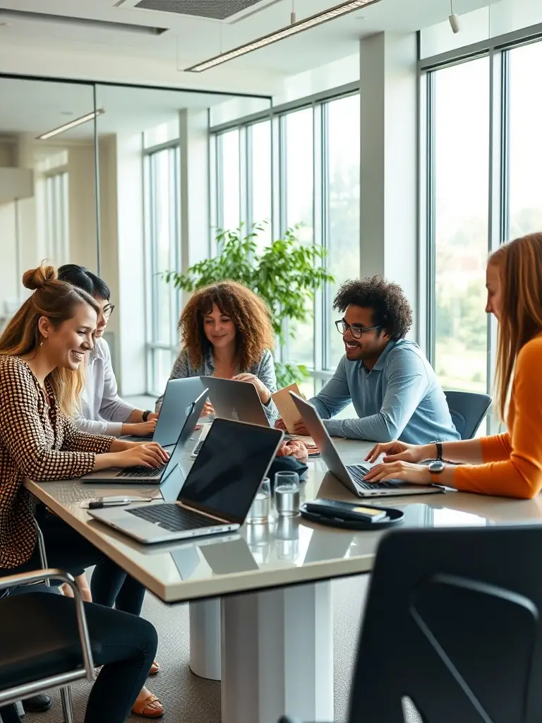 A team collaborating seamlessly in a modern conference room, utilizing advanced audio equipment for clear communication and effective brainstorming, demonstrating the value of Top-Notch Event Tech's audio solutions.