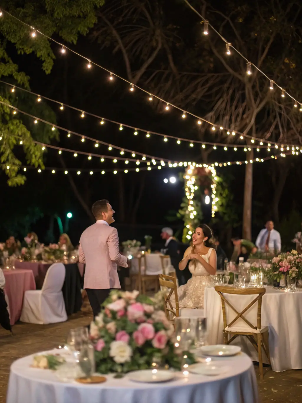 A warm and inviting image of a wedding reception with soft amber lighting, creating a romantic and intimate atmosphere.