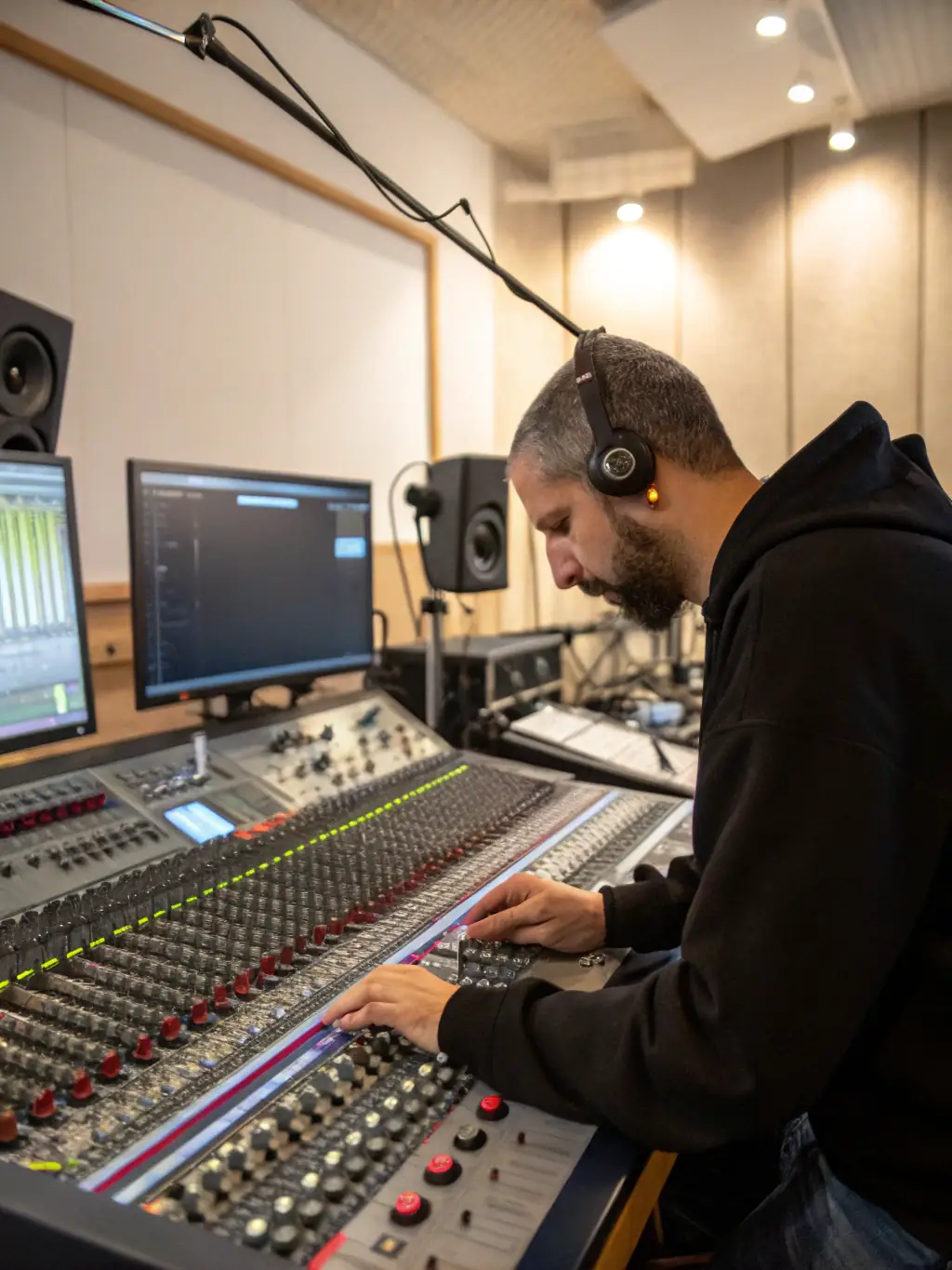 A professional sound engineer adjusting the levels on a Yamaha MG10XU mixer during a corporate event setup, showcasing the mixer's compact design and user-friendly interface.