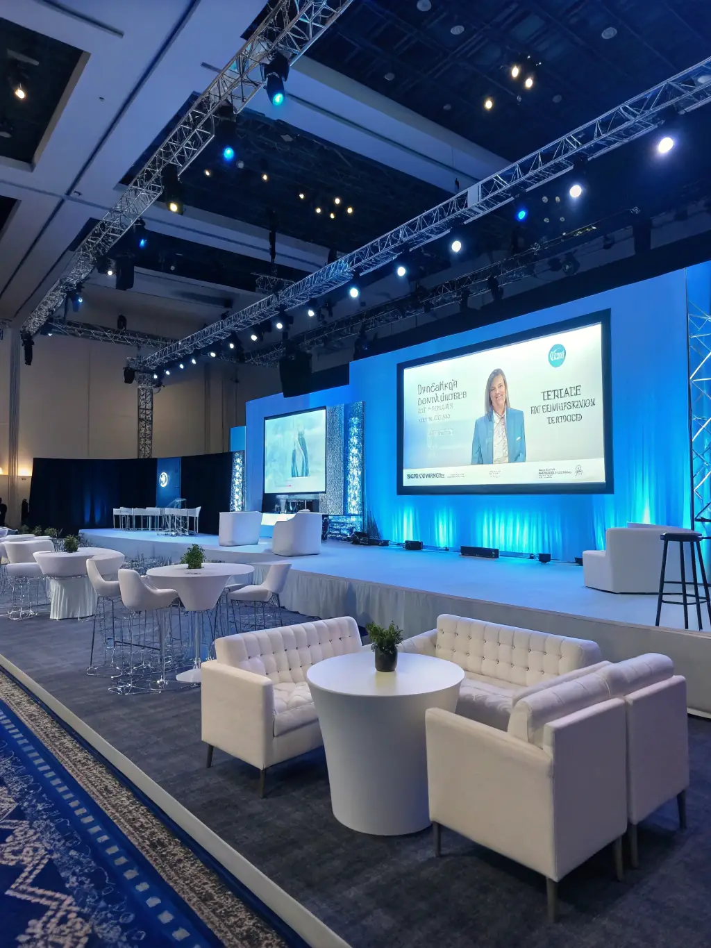 A vibrant image showcasing a stage bathed in blue and purple uplighting, creating a cool and modern ambiance, perfect for a corporate event or a concert.