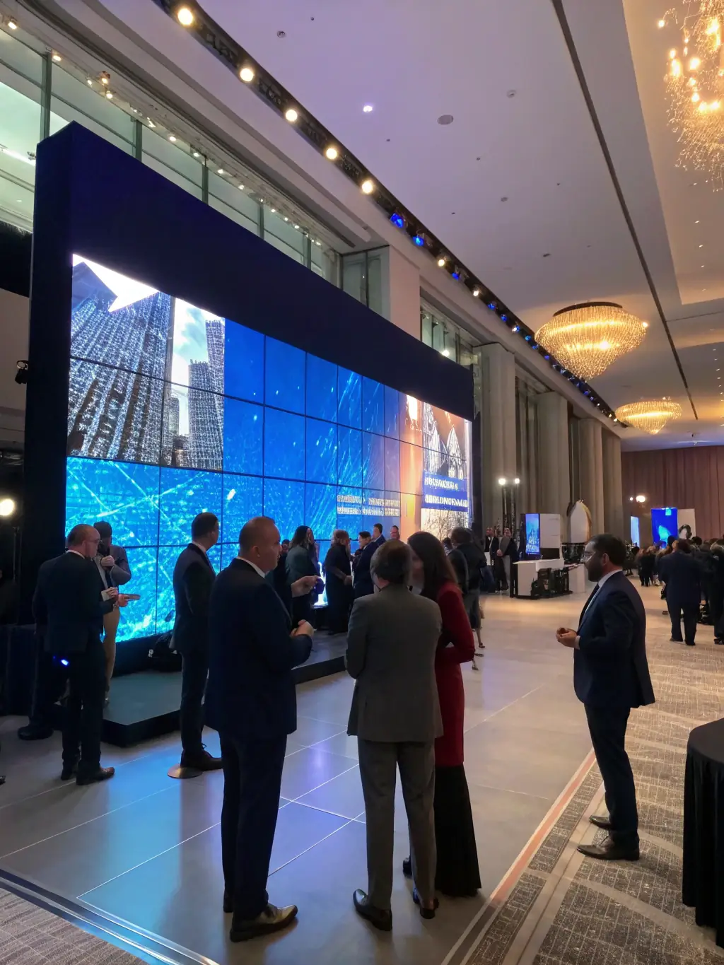 A corporate event setup featuring a dynamic LED wall displaying company branding and event information, creating a visually appealing and professional atmosphere, highlighting the versatility of Top-Notch Event Tech's LED solutions.