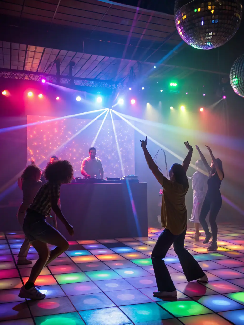 A dynamic image of a dance floor illuminated with colorful moving head lights, creating an energetic and exciting atmosphere.